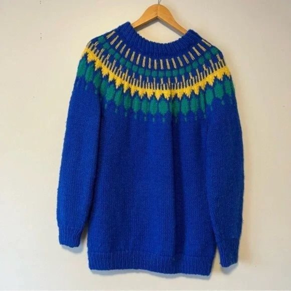 Hand knitted royal blue yellow green classic Nordic fair isle oversized sweater - Picture 1 of 8